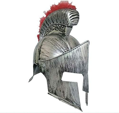 Spartan Silver Helmet Red Plume Ancient Roman Gladiator Fancy Dress Costume Hat
