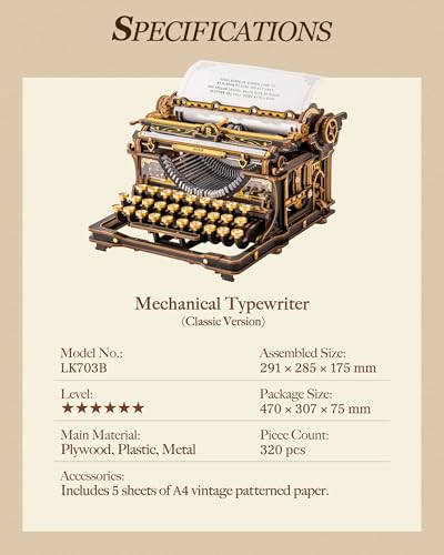 ROKR 3D Wooden Puzzle Typewriter for Adults - Black and Gold, Mechanical Modelling Kit, Vintage Model for Office, DIY Gift for Patient Builders (Black)