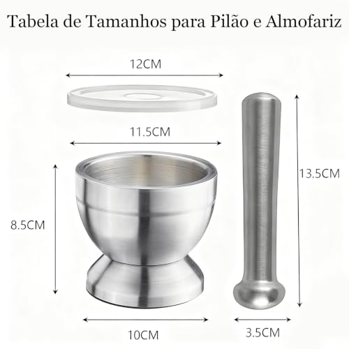 Pilao de Inox com Socador para Cozinha, com Tampa à Prova de Respingos e Base Antiderrapante, Inox 18/10, não Altera o Sabor Dos Alimentos, Perfeito para Geleia, Especiarias e Alho, Fácil de Limpar