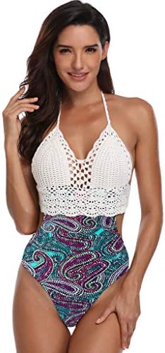 Women One-Piece Swimsuit,Jchen Lady Teen Girl Swimwear Floral Print Lace Patchwork Sling Siamese Halter Bikini