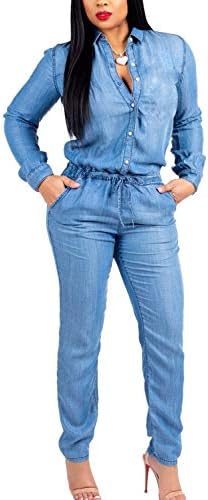 Fanvans Womens Casual Jumpsuit Long Sleeve Button Down Denim Rompers