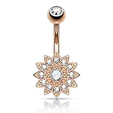 Petite Crystal Paved Flower with Crystal Center Surgical Steel Belly Button Ring - Available in Five Colors! (Rose Gold Tone with Clear Crystal Center)