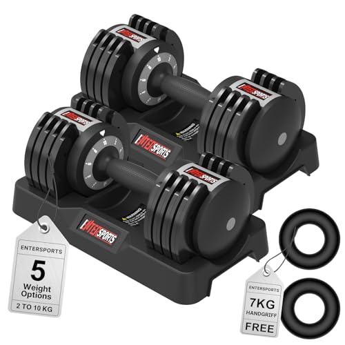 EnterSports 10kgX2 Verstellbare Hanteln, 10 Hantelgewichtsstufen (2-10kg) für Platzsparende, Rutschfeste Griffe mit Sicherheitsverriegelung, Home Gym 