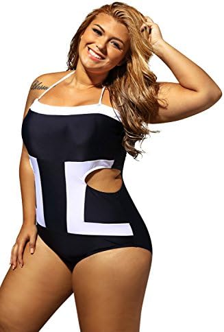 One Piece High Waisted Plus Size Cutout Swimsuit for Women Girls Black and White Bathing Suit Halter Swimwear