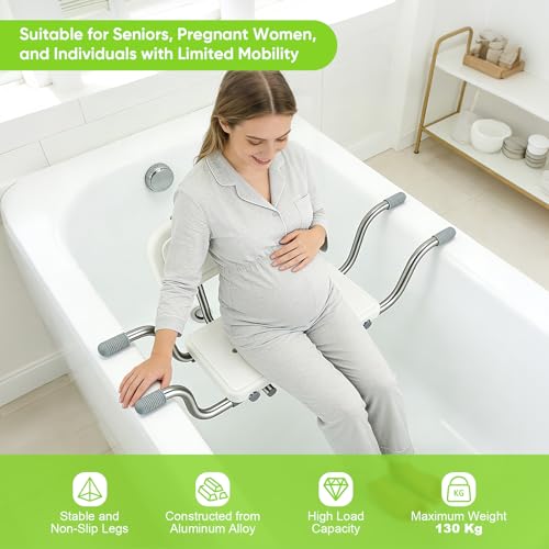 Bathtub Seat for Elderly, Non-Slip Shower Stool with Backrest, Adjustable Width 77-87 cm, Load 150 kg, with Non-Slip Silicone Pads and Handles, White