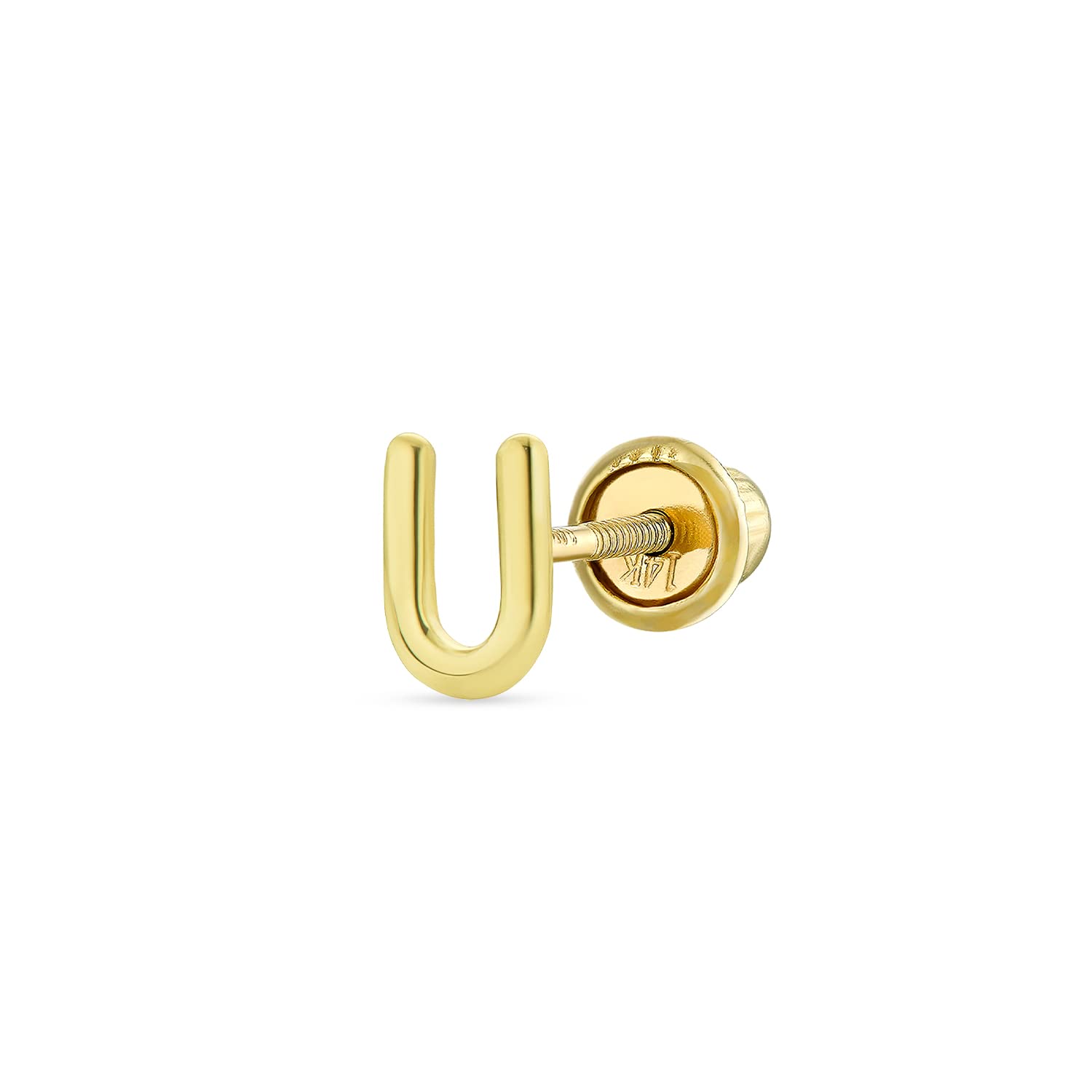 ABC Minimalist Real Yellow 14K Gold Capital Block Alphabet Letter Initial U Cartilage Ear Lobe Piercing 1 Piece Stud Earring Screw Back For Teen Women Men