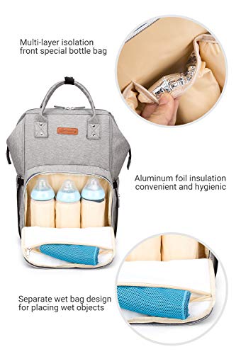 Diaper Bag Backpack with USB Charging Port, Multi-Function Waterproof Care Travel Backpack, Large Capacity, Light, Stylish, Durable, Suitable for Carrying Travel (Gray)