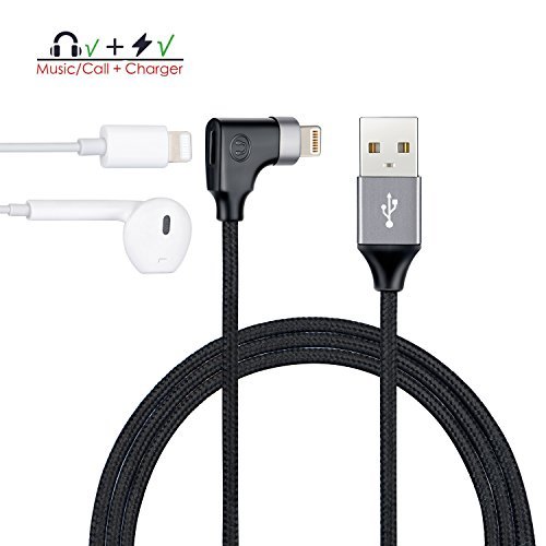 iPhone X Cable, 2 in 1 iPhone 8 Charger Adapter Nylon Braided Lightning Charging Cable with Lightning Aux Audio Splitter for iPhone X / 8 / 8 Plus, Charging / Music / Calling/Data, Black