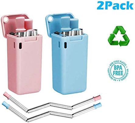 Collapsible Silicone Reusable Straw (2 Pack), Food Grade Stainless Steel Portable Drinking Folding Straws with Cleaning Brush for Party, Travel, Household, Outdoor, etc (Blue & Pink)