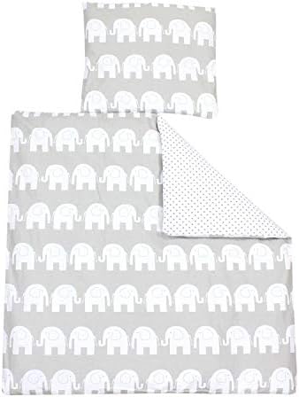 TupTam Baby Pram Crib Bedding Set Duvet and Pillow 4 pieces, Elephant White/Drops Gray, 80x80 cm