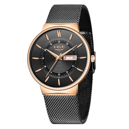 LIGE Mens Watches Wrist Watch for Men Analogue Gents Chronograph Waterproof Gents Vintage 3ATM Water Resistant Business Slim Classic Analog Thin Stainless Steel Band Quartz with Date,Gold Black
