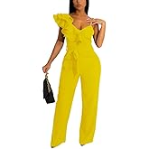 HBQ Womens Casual One Piece Jumpsuits V-Neck Sleeveless Ruffle Backless Belted Elegant Romper Wide Leg Pant Sexy Party Clubwear Overalls-Yellow-M