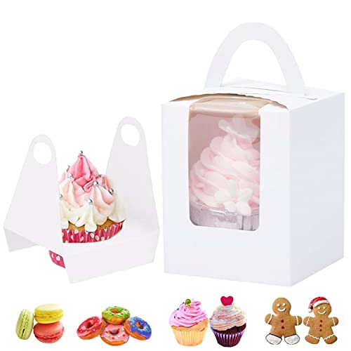 GUIFIER 30 Stück Cupcake Box 1er, Cupcake Boxen Einzeln, Bäckerei Boxen mit Fenster, Kuchenverpackungsboxen mit Griff Muffin Boxen Tortenschachtel Geschenkbox für Hochzeit, Geburtstag, Party (Weiß)