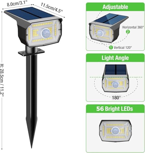 nipify Set of 4 Solar Motion Detector Lights - Powerful 56 LEDs/3 Modes with Waterproof, Adjustable LED Solar Spotlight for Garden Paths (Warm White)
