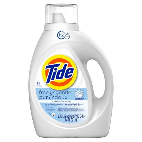 TIDE FREE & GENTLE, LIQUID LAUNDRY DETERGENT SOAP, UNSCENTED, HYPOALLERGENIC FOR SENSITIVE SKIN AND FREE OF DYES, HE COMPATIBLE, 64 LOADS, 84 FL OZ
