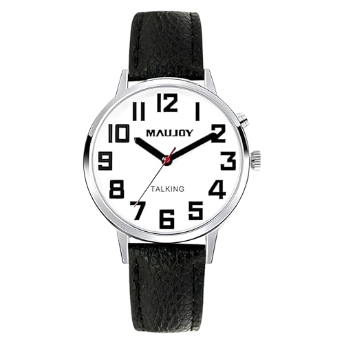 MAUJOY Men's Talking Watch（(Black Leather + Zinc Alloy)） English Accent Time Announcement, Broadcasts Alarm, Time & Date, Designed for Elderly & Visually Impaired