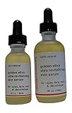 GOLDEN ELIXIR ULTRA REVITALIZING SKIN SERUM FOR EYES, FACE, NECK DECOLLETAFE, 100% NATURAL, RICH IN VITAMINS, MINERALS, PROTEINS, OMEGA 3 & OMEGA 6 FATTY ACIDS, HEALING AND REJUVENATING OILS, AND EXTRACTS, REDUCES AND PREVENTS WRINKLES CAUSED BY DEHYDRATION AND GENERAL AGING, IN TWO SIZES, 1 FL OZ / 30 ML, AND 2 FL / 60 ML, MADE IN THE USA.