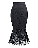 KIMILILY Classic Elastic Waist Black Lace Midi Bodycon Pencil Fluted-Hem Skirt