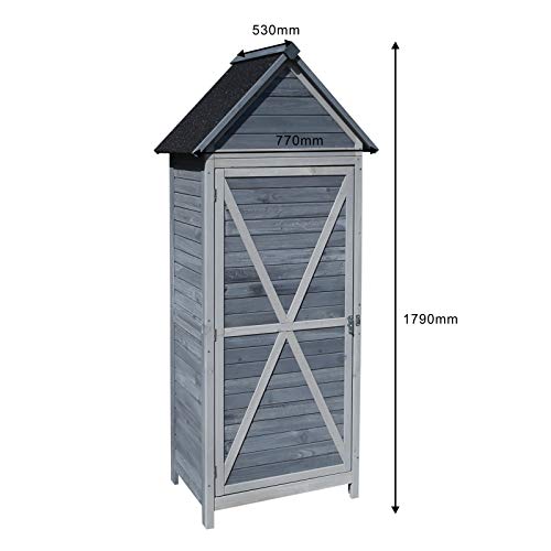 Wiltec Gartenschrank aus Holz grau 77x53x179cm mit Tür, Satteldach und Bitumenisolierung Gerätehaus Werkzeughaus Geräteschrank Werkzeugschrank Geräteschuppen – Bild 7