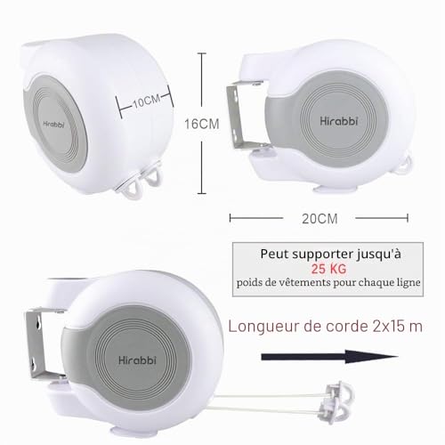Hoxsury Retractable Clothes Line Space Saving Adjustable Rope Easy Installation Indoor Outdoor 30m Invisible Extension Cable for Balcony/Porch/Garden White