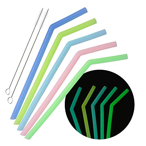Silicone Glowing Straws BPA Free Fluorescence Reusable Flexible Rubber Drinking Straw Set of 5+2 Cleaning Brushes by Kindga