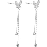 SLUYNZ Sterling Silver CZ Butterfly Earrings for Women Teens Butterfly Long Drop Dangle Earrings