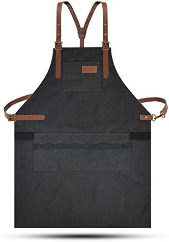 LURAD Durable Duty Canvas and Waist Adjustments Leather Utility Apron with Pockets for Men &amp; Women-Black