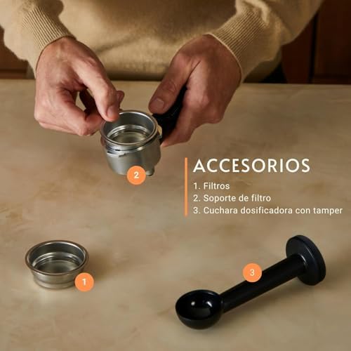 Virtuoso Essential - Cafetera espresso 15 bar, acero inox negro, diseño compacto y elegante, parada automática, espresso y cappuccino, Thermoblock, boquilla de vapor, incluye cuchara, XP4418