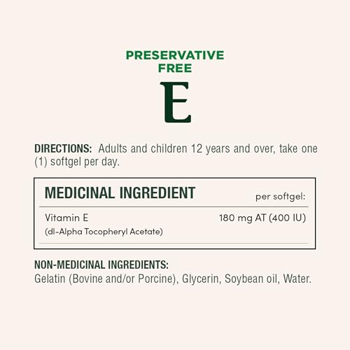 NATURE'S BOUNTY Vitamin E, 400 IU, Antioxidant, Preservative Free, 200 Softgels, 134 g