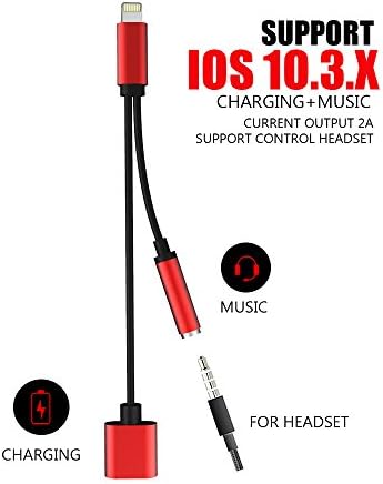 Jiaguoe Support iOS 10.3.2 - Lightning to 3.5mm Audio Adapter, Jiaguoe 2A 2 in 1 Lightning Charger and 3.5mm Earphones Jack Cable for Apple iPhone 7 7 Plus 6S 6 iPod iPad (Red)