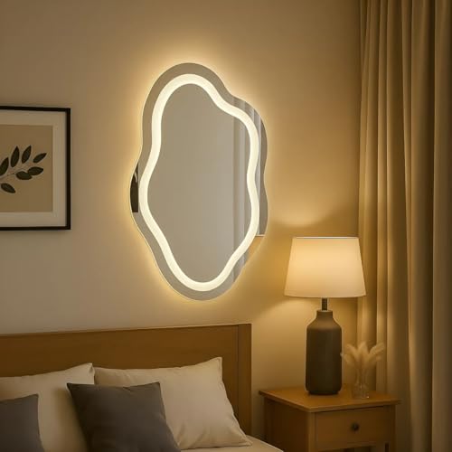 Espelho Orgânico 02 Jateado 3 Cores de LED e Touch Screen - Decorativo Lapidado Iluminação Luxo (50x80cm)