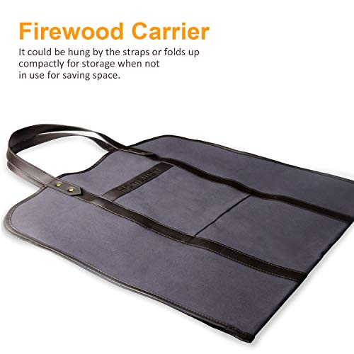 Waxed Canvas Firewood Carrier, HAMSWAN Fireplace Sturdy Wood Carring Bag with Handles Gloves for Camping Indoor Firewood Logs Tote Holder Birchwood Stand