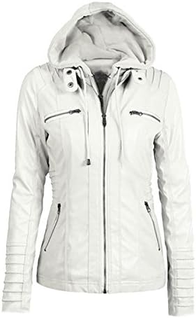 AUUOCC New Plus Size Leather Jacket Women Autumn Winter Hooded Leather Jacket Long Sleeve Slim PU Leather Coat Beige White S
