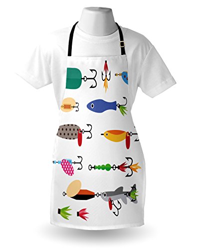 Lunarable-Fishing-Apron-by-Elements-of-Fishing-Line-with-Stringer-Net-Bite-Indicators-Worms-Waders-Hunt-Image-Unisex-Kitchen-Bib-Apron-with-Adjustable-Neck-for-Cooking-Baking-Gardening-Multicolor