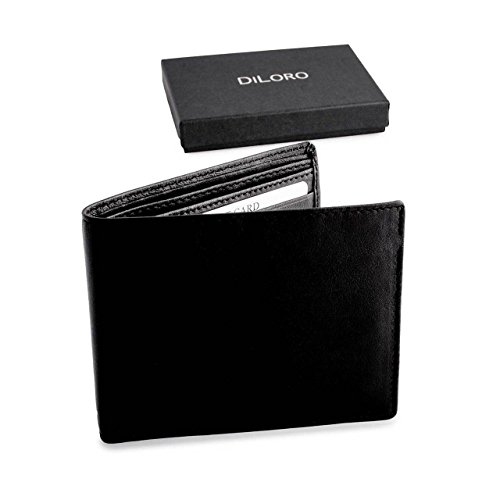 Leather Wallet by DiLoro Italy Mens Slim Pocket Bifold Soft Nappa Travel Leather Wallets RFID Safe in Black
