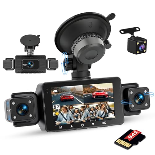 Inefala Full HD 1080P Dash Cam with Four Car Camera, 4 Channel 360°, 3 Inch Screen with 64GB Memory and 8 IR Night Vision, Travel Recorder with G-Sensor and Parking Monitor
