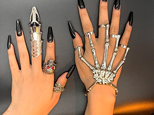 LAKIYOYO 4pcs Halloween Skull Skeleton Hand Bracelet with Ring Punk Wristband Skull Fingers Hand Bracelet Skeleton Ring Hallowmas Gifts Jewelry