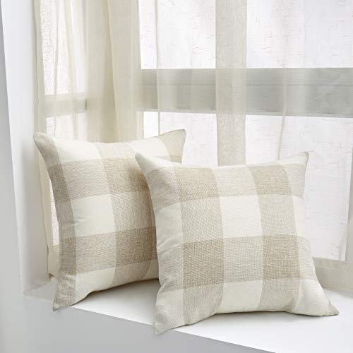 Decorative Classic Retro Checkered Faux Linen Throw Pillow Covers (Set of 2) - Pillow Cover Sham Cushion Cover - Throw Pillow Cover - Sofa Throw Pillow Cover - Square Pillowcase - Cream - 18" x 18"