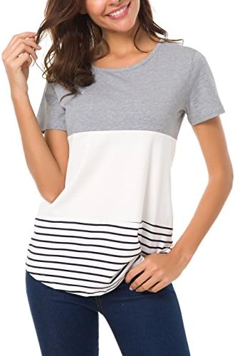 Mounblun Women's Tops Short Sleeve Round Neck Striped Color Block T-Shirts Casual Grey M