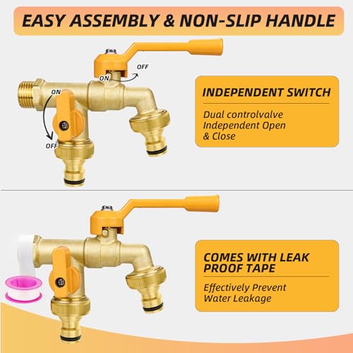 Double Garden Tap, 1/2-inch Garden Tap with Two 3/4-inch Brass Outdoor tap, Dual Ball Valve outlets with Dual Hose connectors, Rust-Proof and Freeze-Proof，Suitable for Gardens and Home Industries