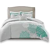 Comfort Spaces Enya 5 Piece Comforter Set Ultra Soft Hypoallergenic Microfiber Floral Print Bedding, Full/Queen, Aqua/Grey