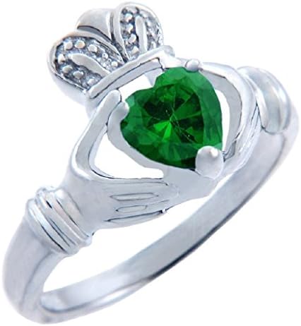 Personalized Sterling Silver Solitaire Green CZ Heart May Birthstone Claddagh Ring (Size 6)