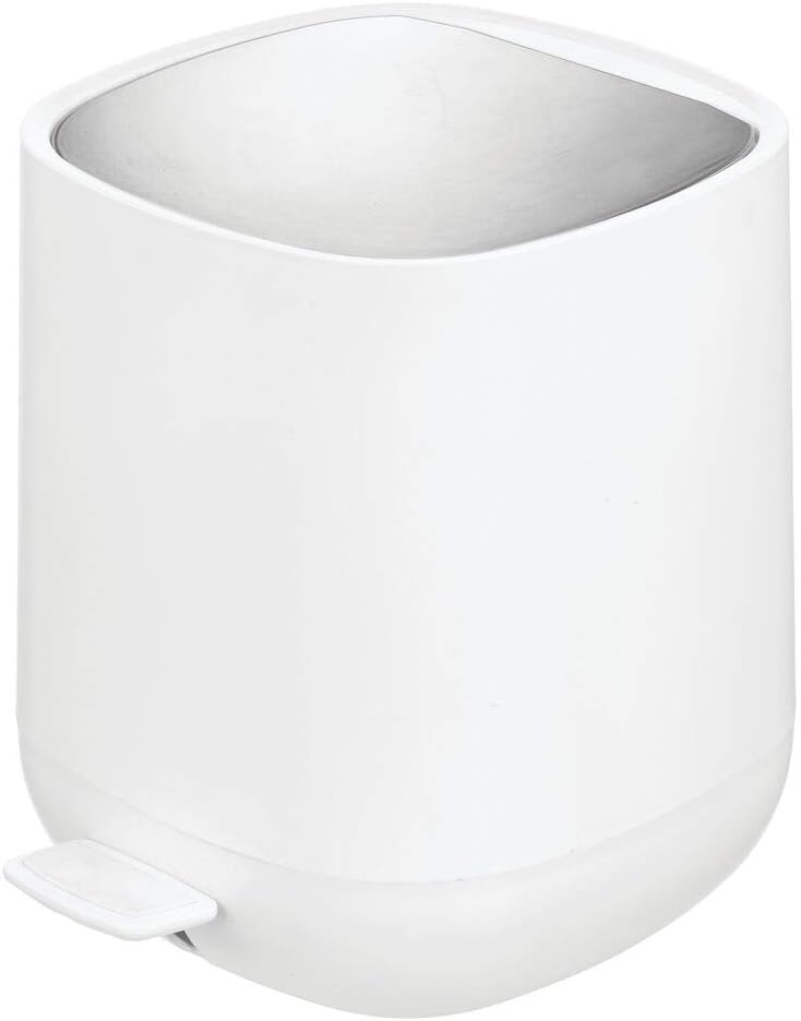 mDesign Modern 1.3 Gallon Plastic Step Trash Can Wastebasket, Small Garbage Container Bin - for Bathroom, Powder Room, Bedroom, Kitchen, Craft Room, Office - Removable Liner Bucket - White/Chrome