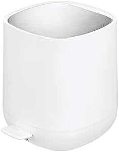 mDesign Modern 1.3 Gallon Plastic Step Trash Can Wastebasket, Small Garbage Container Bin - for Bathroom, Powder Room, Bedroom, Kitchen, Craft Room, Office - Removable Liner Bucket - White/Chrome