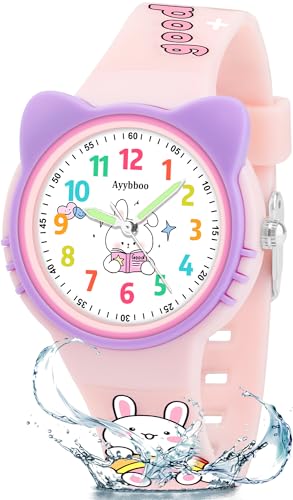 Ayybboo Cat Kids Analog Watch for Girls Boys Toddler, Learning Time and Easy to Read, 30M Waterproof Children Quartz Wristwatches, Cute Telling Time Hand Watch with Cartoon Soft Strap Age 5-12