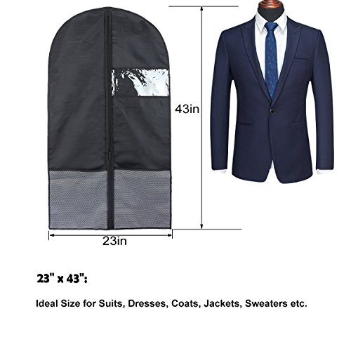 Kernorv 43" Breathable Dust-proof Garment Bags, Suit Bag with Clear Window, Garment Bags for Storage or Travel, Garment Bag Covers for Luggage, Suits, Coats, Jackets or Dresses, Set of 3 (Black)