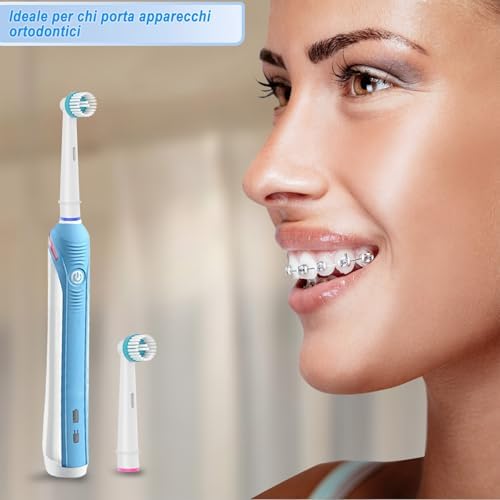 16 testine Ortho Care, compatibili con spazzolino elettrico Braun Oral B per una pulizia precisa intorno alle parentesi graffe.