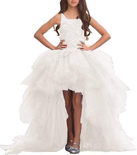 Adela Lace High Neck Pageant Dresses Ball Gown Hi-Low Appliques Kids Wedding First Communion Dress with Train AR028