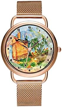 Women Watches Brand Luxury Ladies Mesh Belt Ultra-Thin Watch Waterproof Clock Quartz Watch Christmas Cubism Landscape Jourdan's Cottage - Paul Cezanne Wristwatch