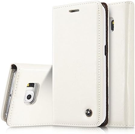 S6 edge Case,Galaxy S6 edge Wallet Case,AKHVRS Slim Genuine Leather Magnet Cover Wallet Leather Case Flip Cover Folio Case,[Card Slot][Wallet][Magnetic Closure] for Samsung Galaxy S6 edge (White)